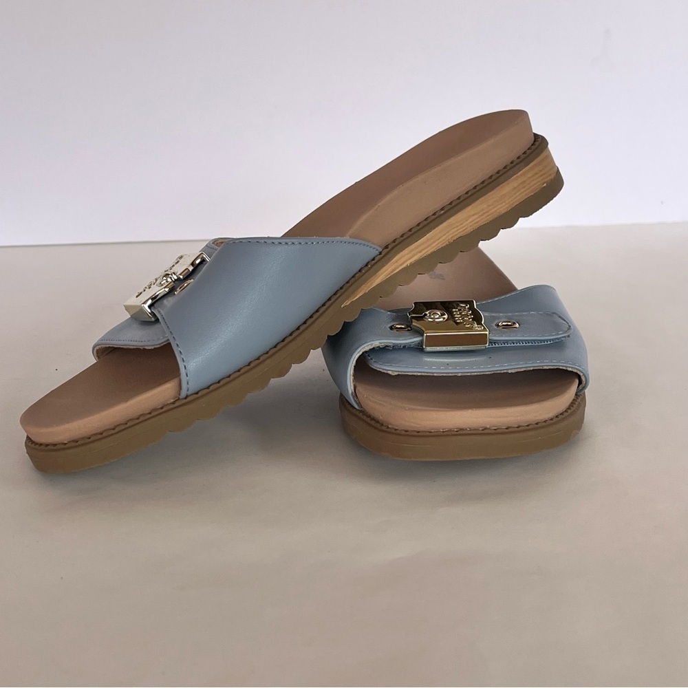 New Dr. Scholl's Island Icon Summer Blue Tan Slide Sandals Gold Buckle Women's 7 - Picture 7 of 7